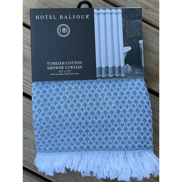 Hotel Balfour 100% Turkish Cotton White Shower Curtain Spa Blue Border W/ Fringe